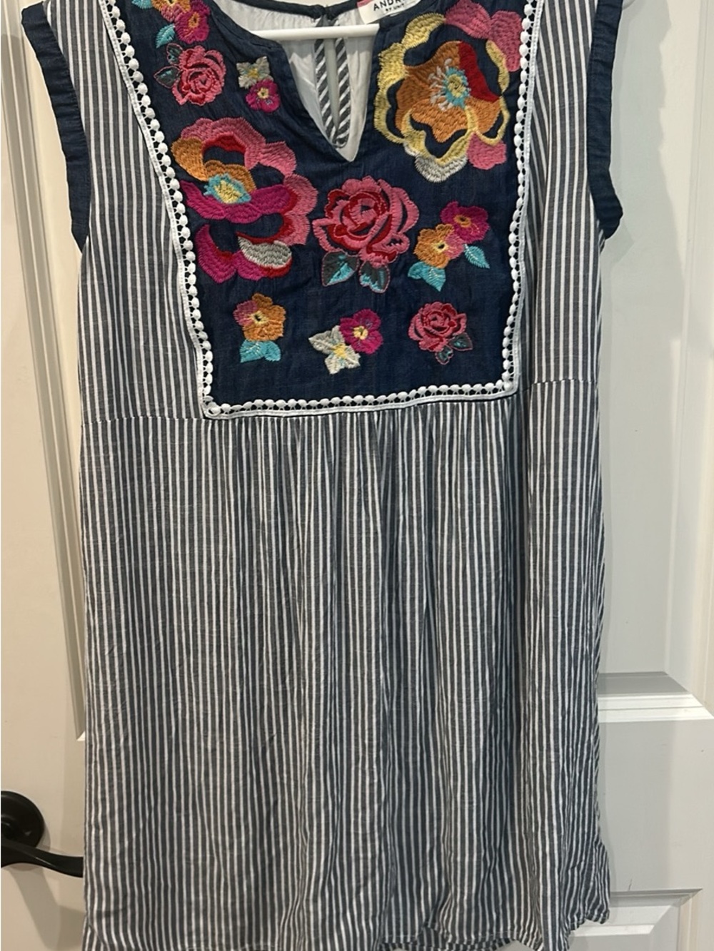ANDREE BY UNIT Navy Stripe Dress with Multicolor Floral Embroidery